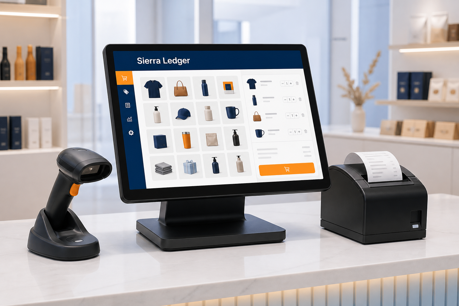 A POS terminal running Sierra Ledger checkout with a barcode scanner and receipt printer